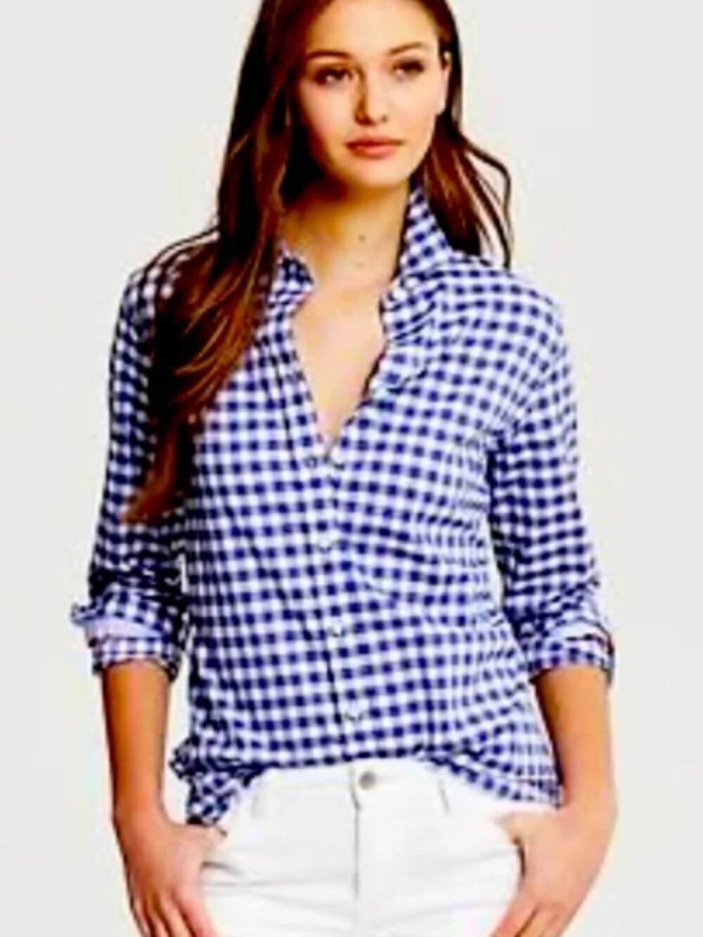 Banana Republic Soft-Wash Cotton Gingham Blue Oxford, Chambord Sleeves Pink Trim